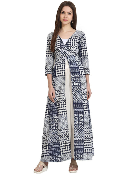 Blue Printed 3/4Th Sleeve Floor Length Open Kurta | LASVINI - Redefining Indian Fashion with Elegance