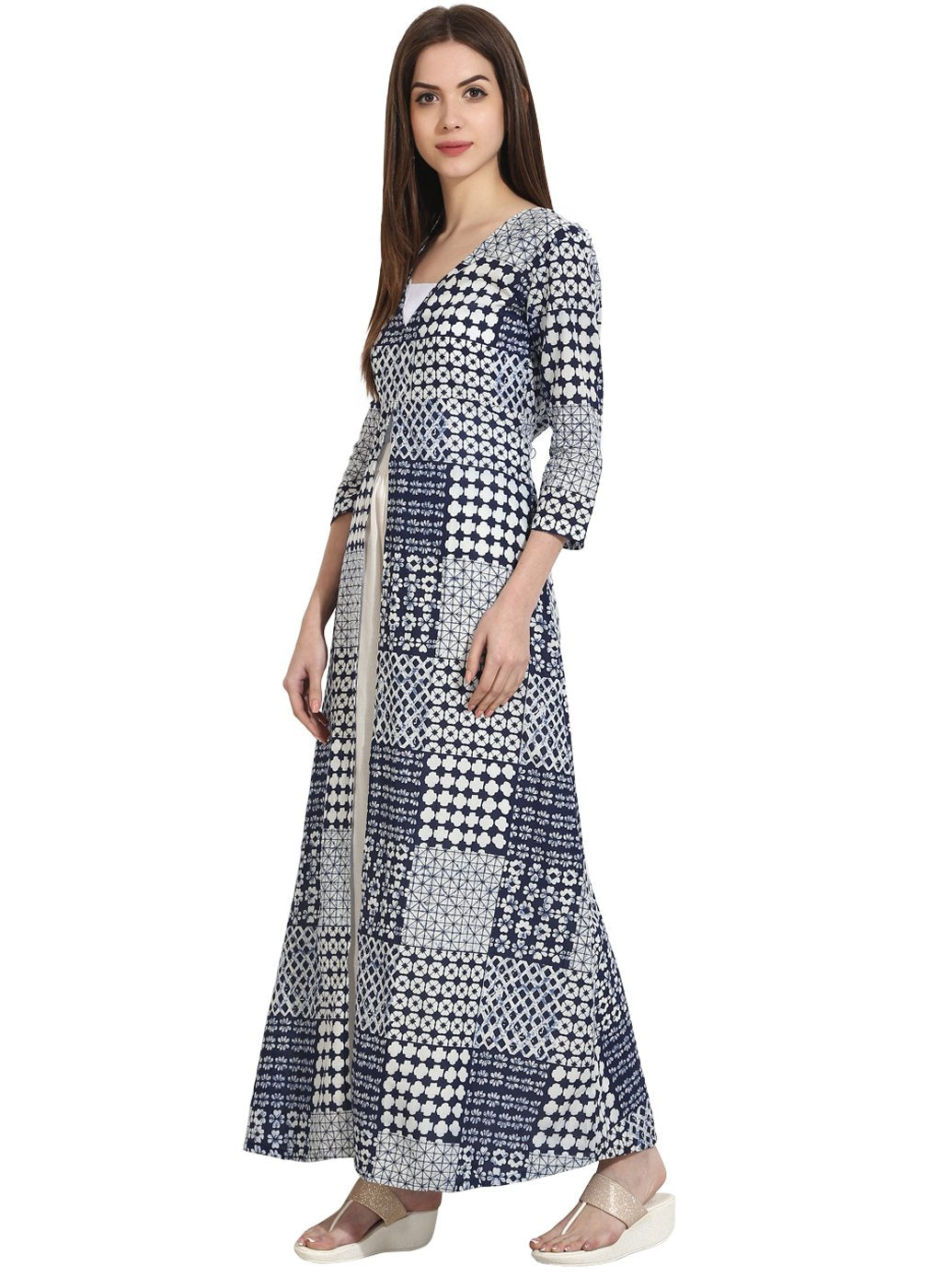 Blue Printed 3/4Th Sleeve Floor Length Open Kurta | LASVINI - Redefining Indian Fashion with Elegance