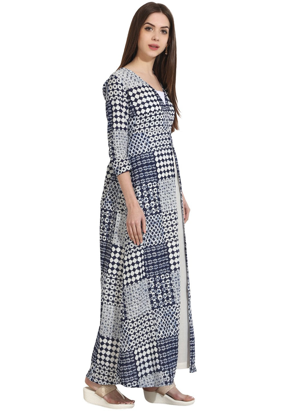 Blue Printed 3/4Th Sleeve Floor Length Open Kurta | LASVINI - Redefining Indian Fashion with Elegance
