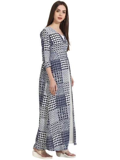 Blue Printed 3/4Th Sleeve Floor Length Open Kurta | LASVINI - Redefining Indian Fashion with Elegance