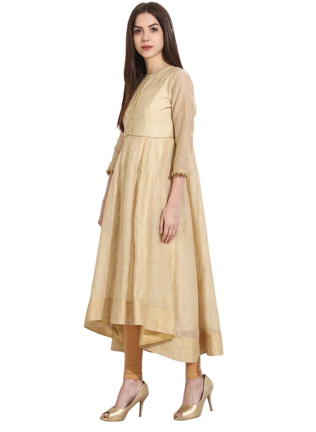 Beige 3/4Th Sleeve Khadi Anarkali Kurta | LASVINI - Redefining Indian Fashion with Elegance