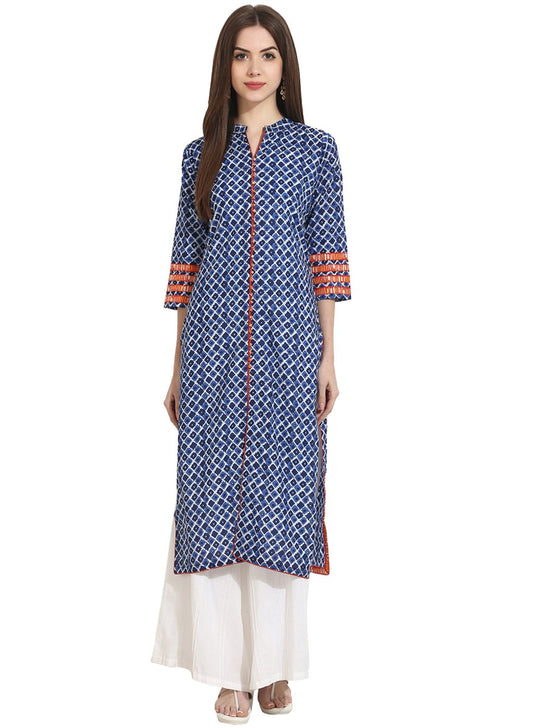 Indigo Blue Printed 3/4Th Sleeve Cotton Kurta | LASVINI - Redefining Indian Fashion with Elegance