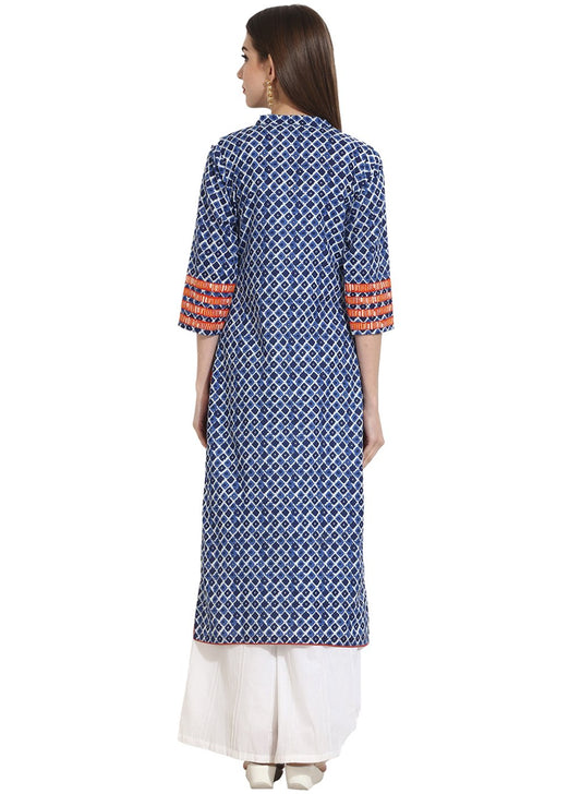 Indigo Blue Printed 3/4Th Sleeve Cotton Kurta | LASVINI - Redefining Indian Fashion with Elegance
