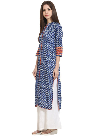 Indigo Blue Printed 3/4Th Sleeve Cotton Kurta | LASVINI - Redefining Indian Fashion with Elegance