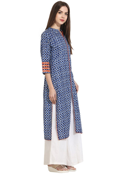 Indigo Blue Printed 3/4Th Sleeve Cotton Kurta | LASVINI - Redefining Indian Fashion with Elegance