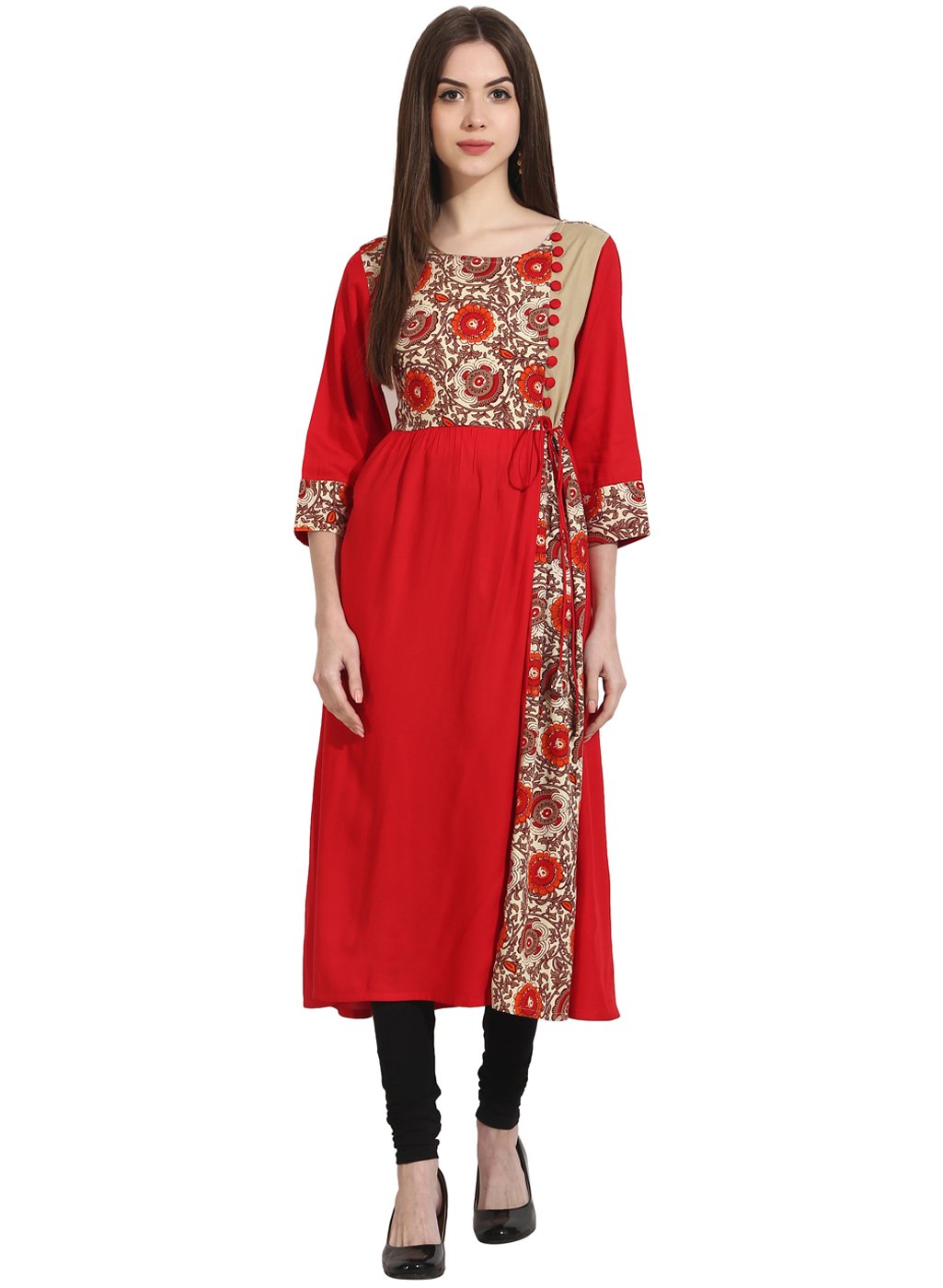 Red 3/4Th Sleeve Yoke Printed Cotton Kurta | LASVINI - Redefining Indian Fashion with Elegance