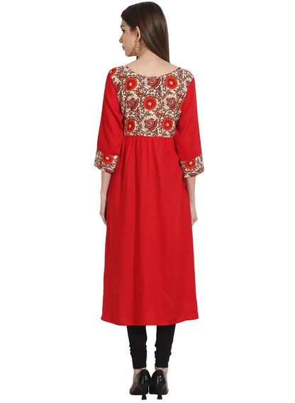 Red 3/4Th Sleeve Yoke Printed Cotton Kurta | LASVINI - Redefining Indian Fashion with Elegance