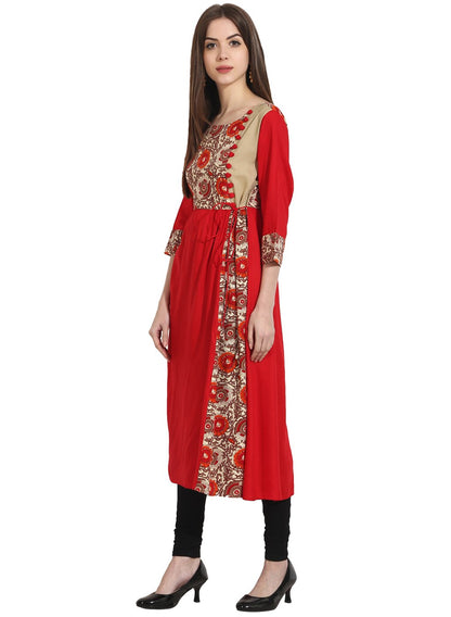 Red 3/4Th Sleeve Yoke Printed Cotton Kurta | LASVINI - Redefining Indian Fashion with Elegance
