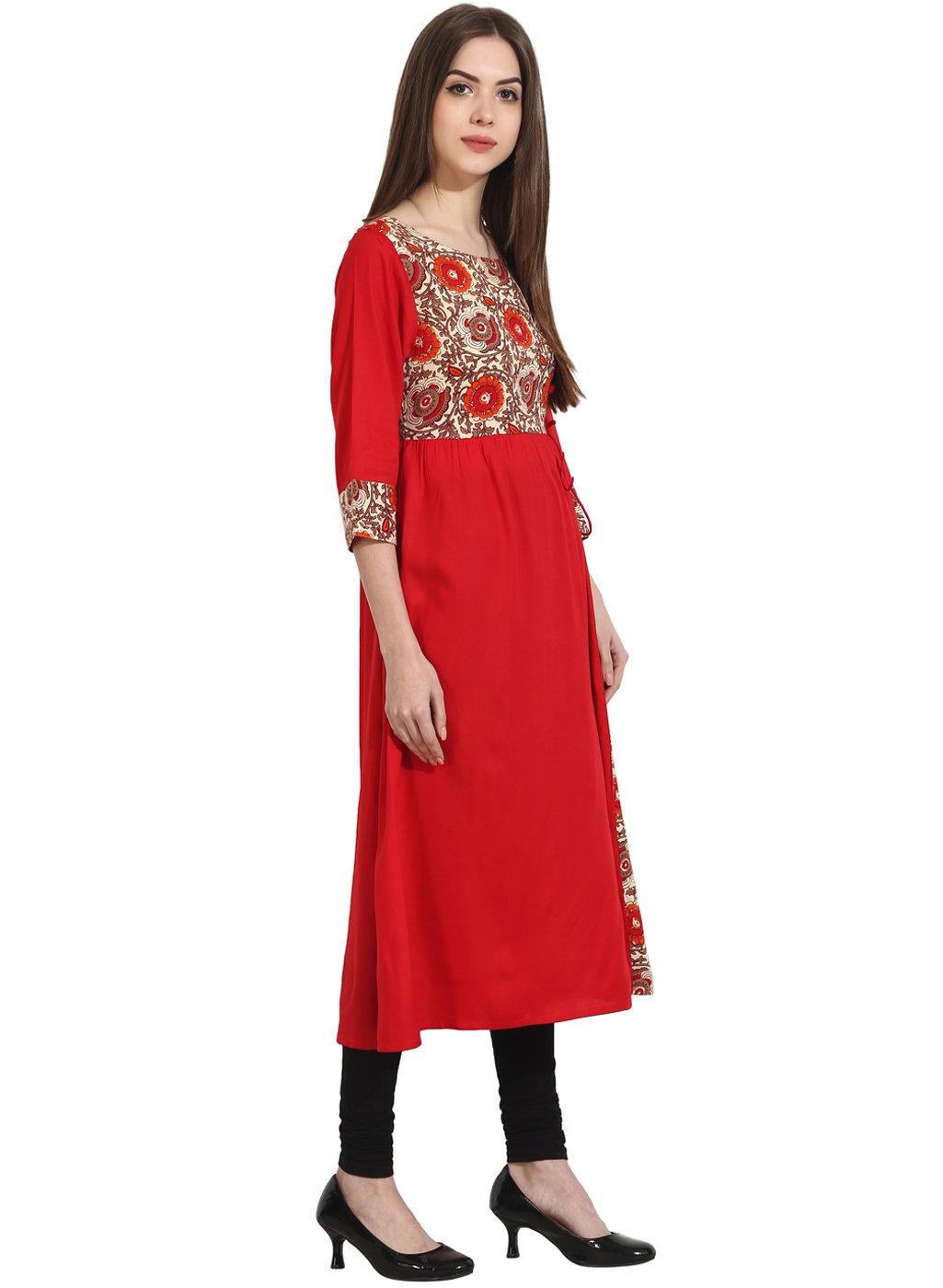 Red 3/4Th Sleeve Yoke Printed Cotton Kurta | LASVINI - Redefining Indian Fashion with Elegance