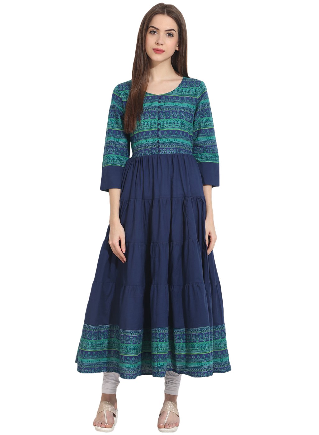 Blue 3/4Th Sleeve Cotton Tiered Anarkali Kurta | LASVINI - Redefining Indian Fashion with Elegance