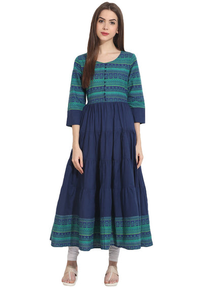 Blue 3/4Th Sleeve Cotton Tiered Anarkali Kurta | LASVINI - Redefining Indian Fashion with Elegance