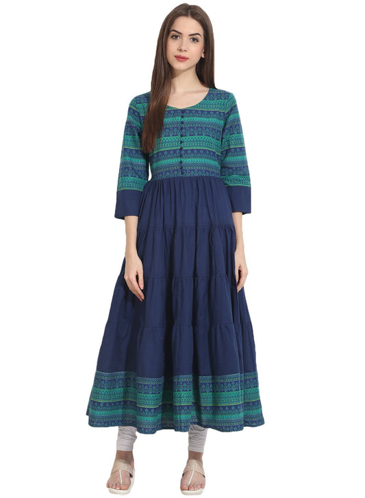 Blue 3/4Th Sleeve Cotton Tiered Anarkali Kurta | LASVINI - Redefining Indian Fashion with Elegance