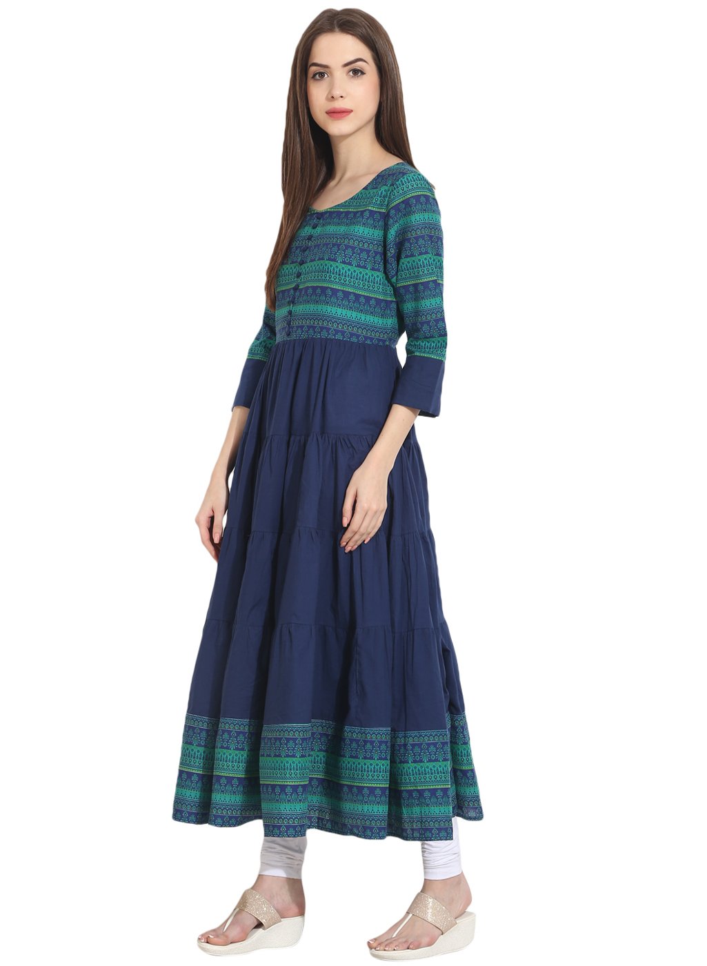 Blue 3/4Th Sleeve Cotton Tiered Anarkali Kurta | LASVINI - Redefining Indian Fashion with Elegance
