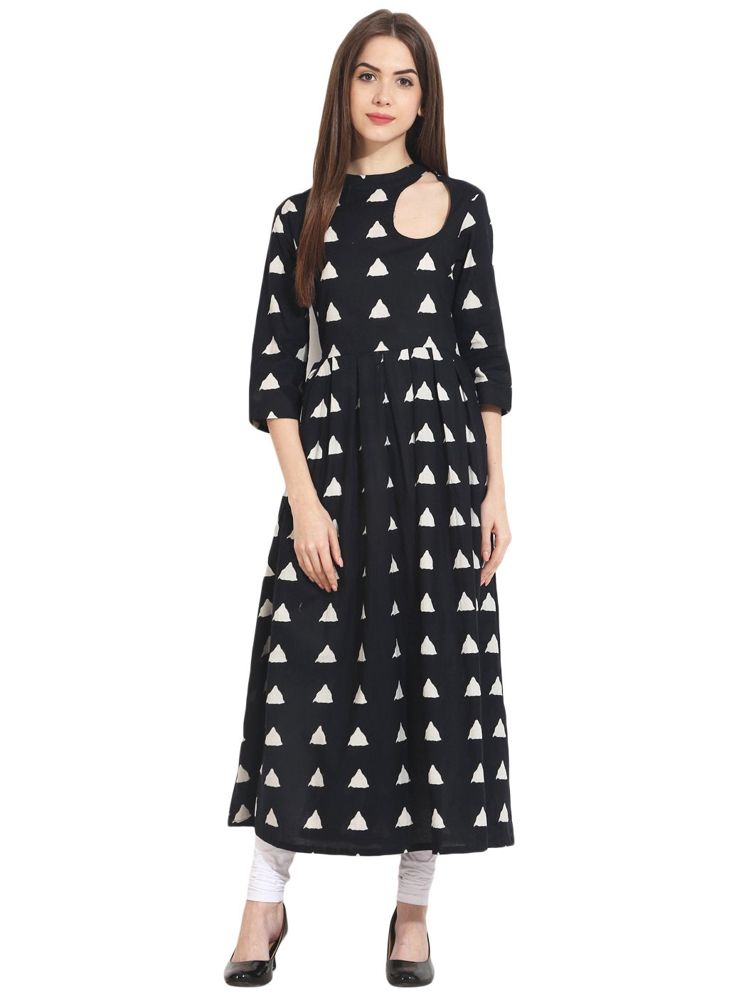 Black Full Printed 3/4Th Sleeve Cotton Anarkali Kurta | LASVINI - Redefining Indian Fashion with Elegance