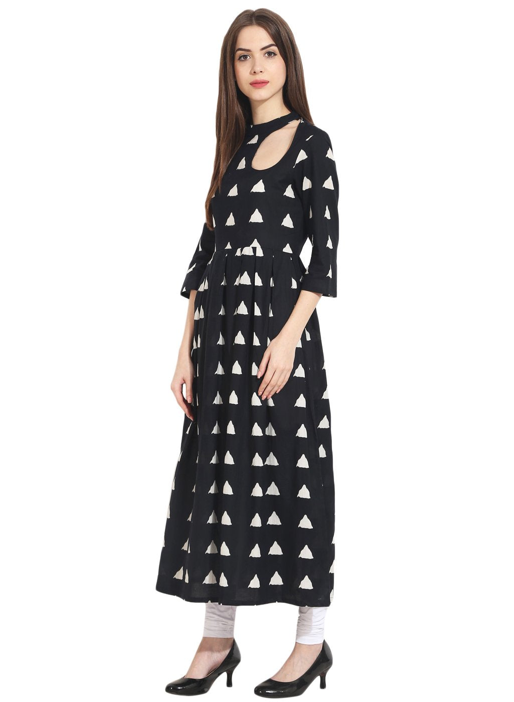Black Full Printed 3/4Th Sleeve Cotton Anarkali Kurta | LASVINI - Redefining Indian Fashion with Elegance