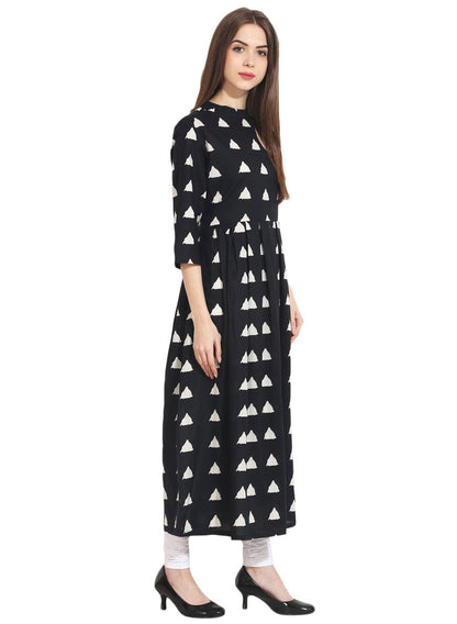 Black Full Printed 3/4Th Sleeve Cotton Anarkali Kurta | LASVINI - Redefining Indian Fashion with Elegance