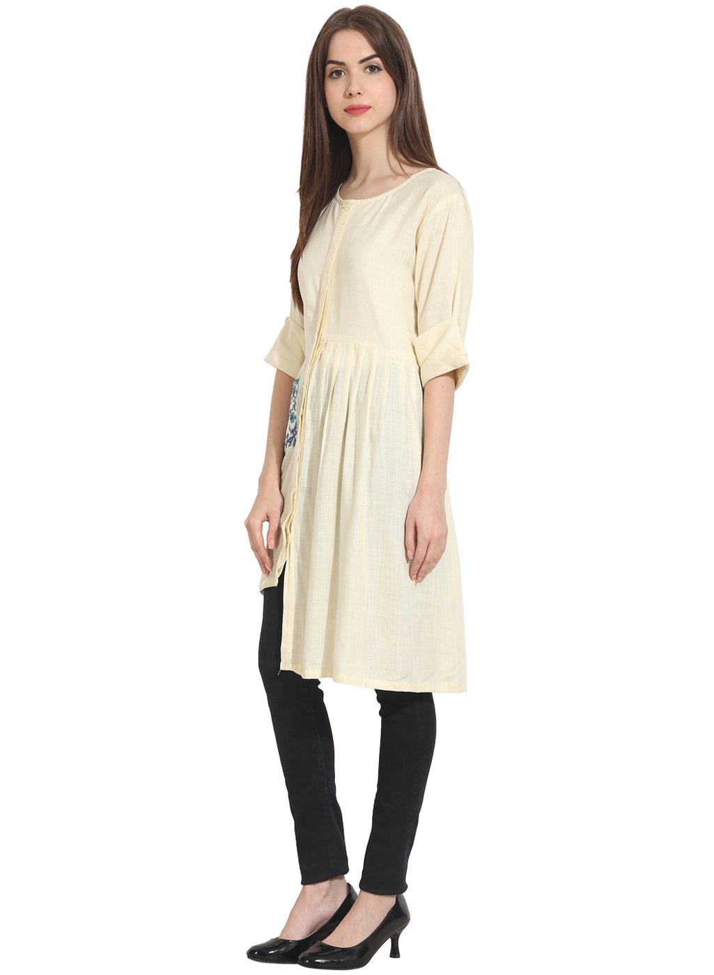 Cream 3/4Th Sleeve Assymetical Georgette Kurta | LASVINI - Redefining Indian Fashion with Elegance
