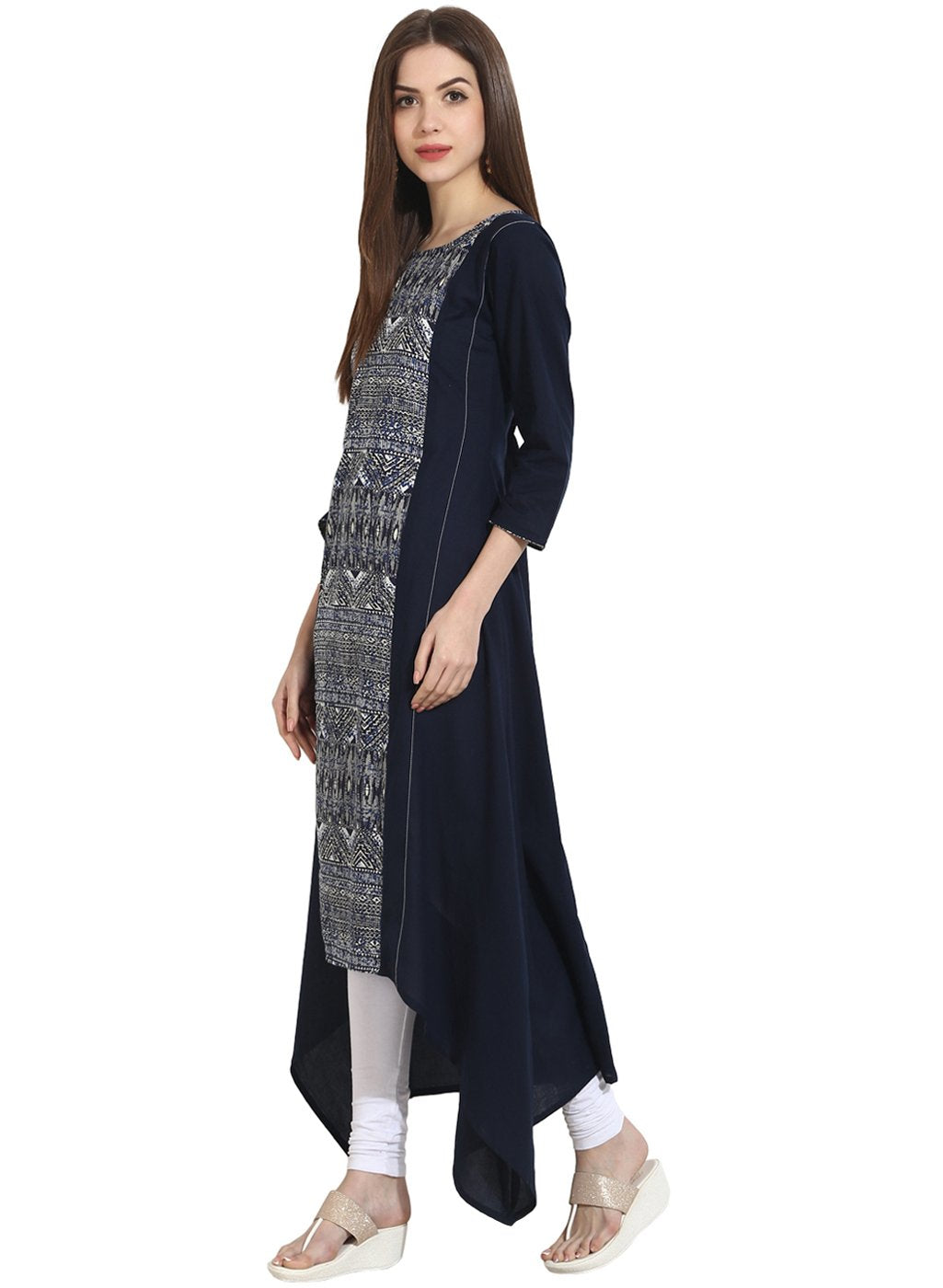 Blue 3/4Th Sleeve Rayon Assymetrical Kurta | LASVINI - Redefining Indian Fashion with Elegance