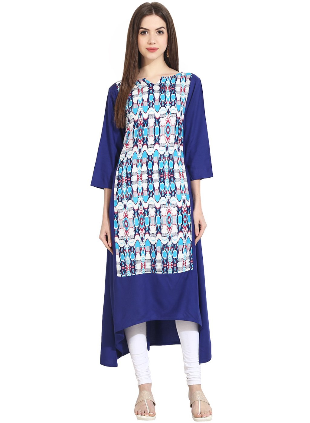 Blue 3/4Th Sleeve Low-High Rayon Kurta | LASVINI - Redefining Indian Fashion with Elegance