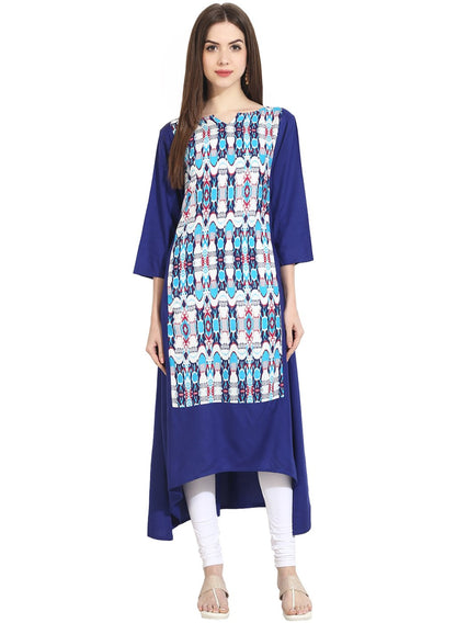 Blue 3/4Th Sleeve Low-High Rayon Kurta | LASVINI - Redefining Indian Fashion with Elegance