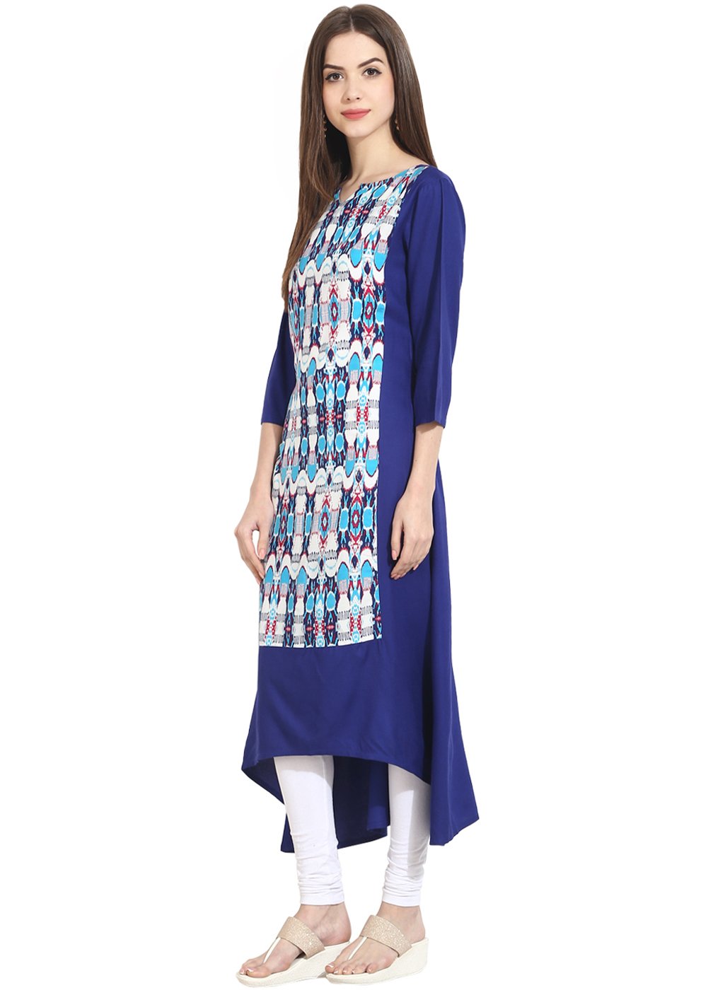 Blue 3/4Th Sleeve Low-High Rayon Kurta | LASVINI - Redefining Indian Fashion with Elegance