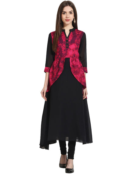 Black 3/4Th Sleeve Georgette Anarkali Kurta With Printed Yoke | LASVINI - Redefining Indian Fashion with Elegance