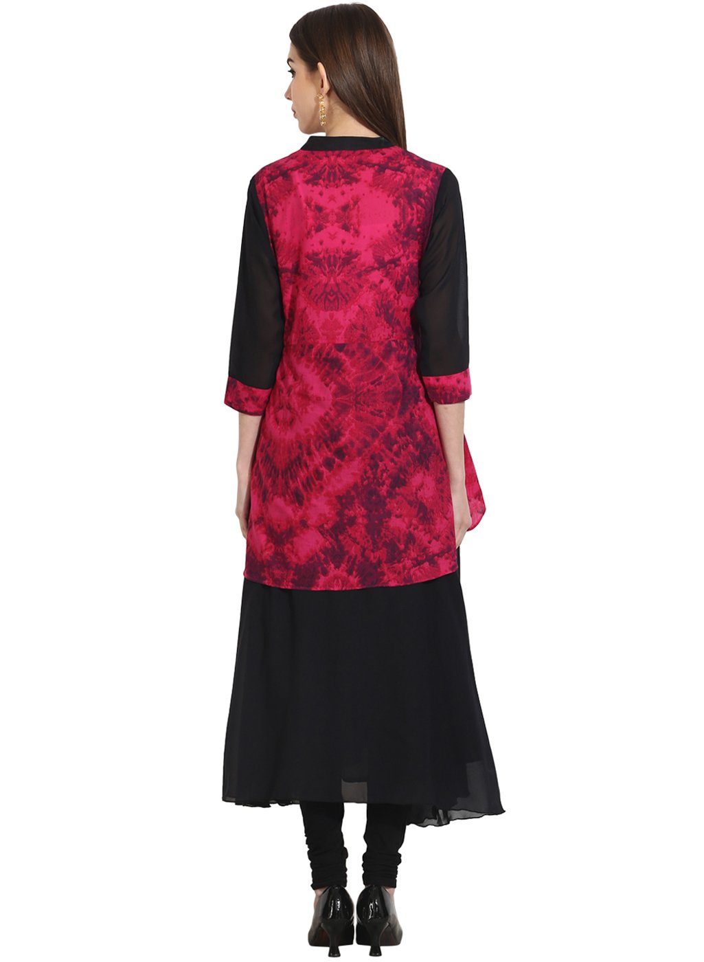 Black 3/4Th Sleeve Georgette Anarkali Kurta With Printed Yoke | LASVINI - Redefining Indian Fashion with Elegance