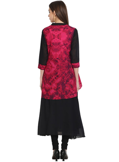 Black 3/4Th Sleeve Georgette Anarkali Kurta With Printed Yoke | LASVINI - Redefining Indian Fashion with Elegance