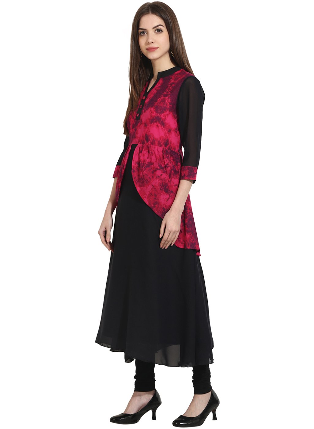 Black 3/4Th Sleeve Georgette Anarkali Kurta With Printed Yoke | LASVINI - Redefining Indian Fashion with Elegance