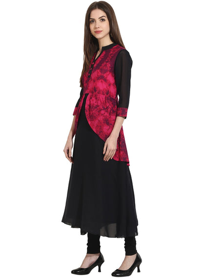 Black 3/4Th Sleeve Georgette Anarkali Kurta With Printed Yoke | LASVINI - Redefining Indian Fashion with Elegance