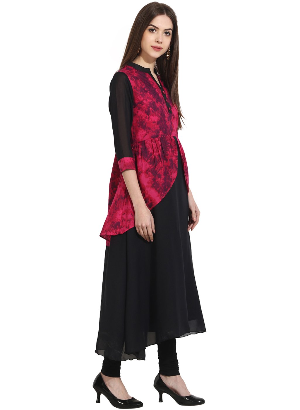 Black 3/4Th Sleeve Georgette Anarkali Kurta With Printed Yoke | LASVINI - Redefining Indian Fashion with Elegance