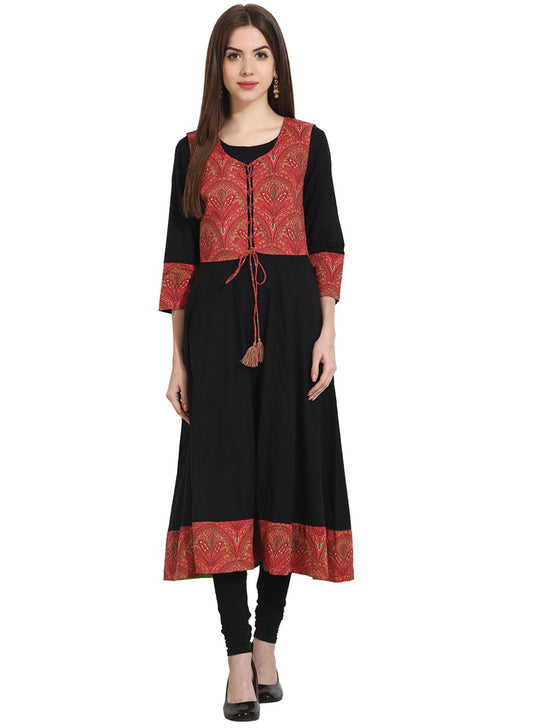 Black 3/4Th Sleeve Anarkali Kurta With Printed Jacket | LASVINI - Redefining Indian Fashion with Elegance