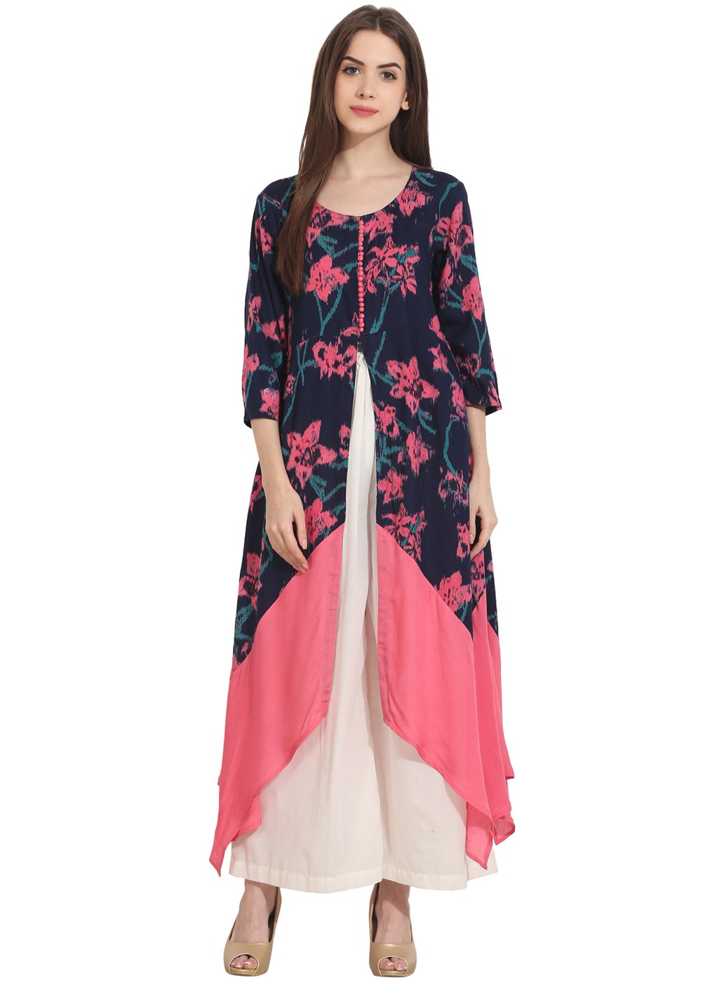 Multi Printed 3/4Th Sleeve Rayon Front Open Assymetrical Kurta | LASVINI - Redefining Indian Fashion with Elegance