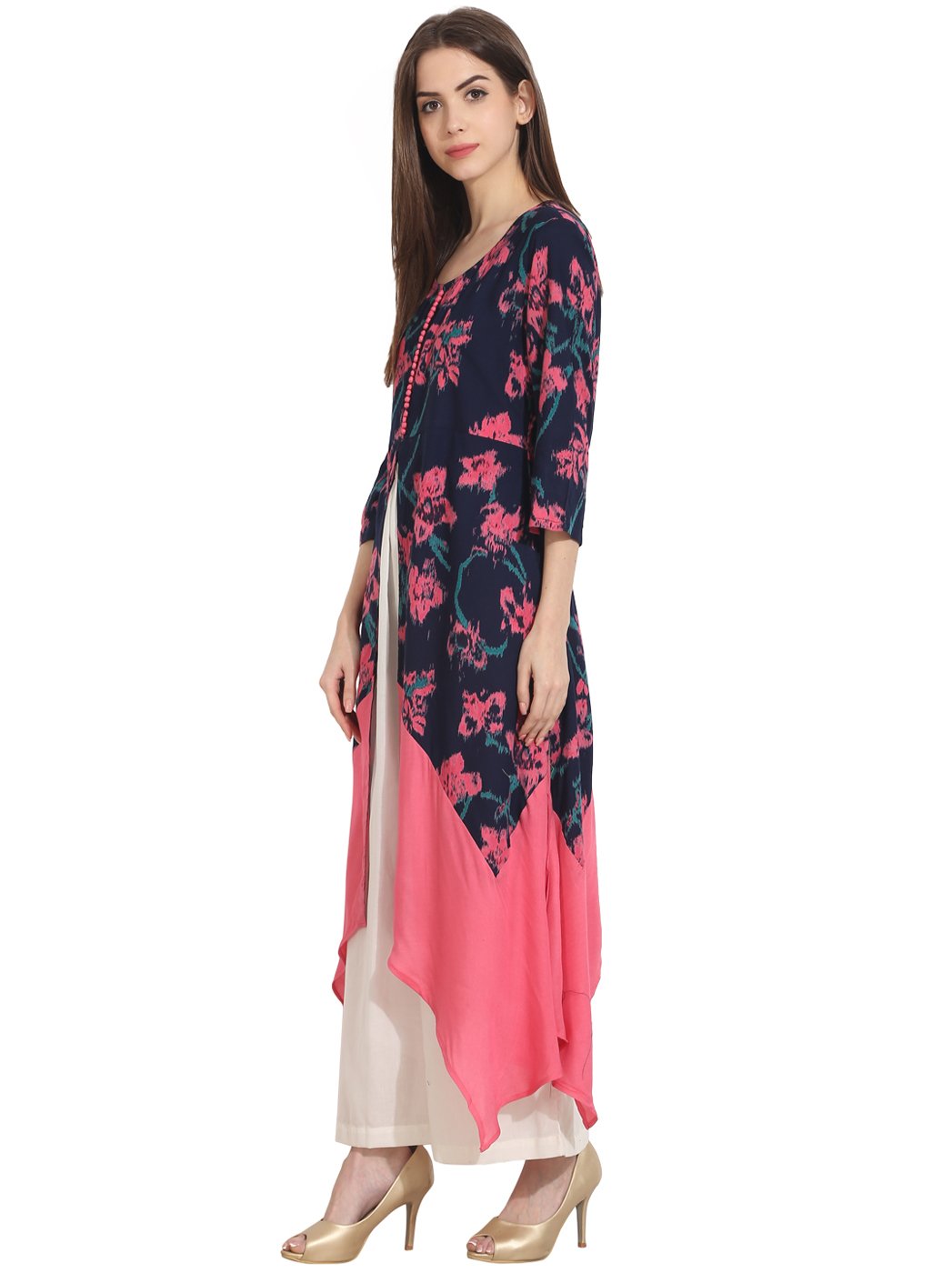 Multi Printed 3/4Th Sleeve Rayon Front Open Assymetrical Kurta | LASVINI - Redefining Indian Fashion with Elegance