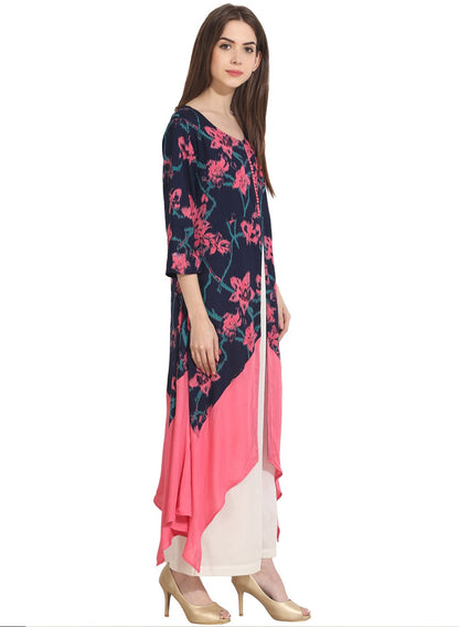 Multi Printed 3/4Th Sleeve Rayon Front Open Assymetrical Kurta | LASVINI - Redefining Indian Fashion with Elegance