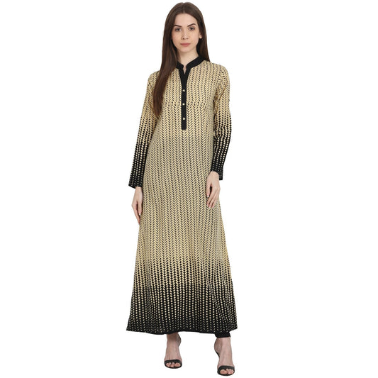 Beige & Black Printed Full Sleeve Ankle Length Cotton Kurta | LASVINI - Redefining Indian Fashion with Elegance
