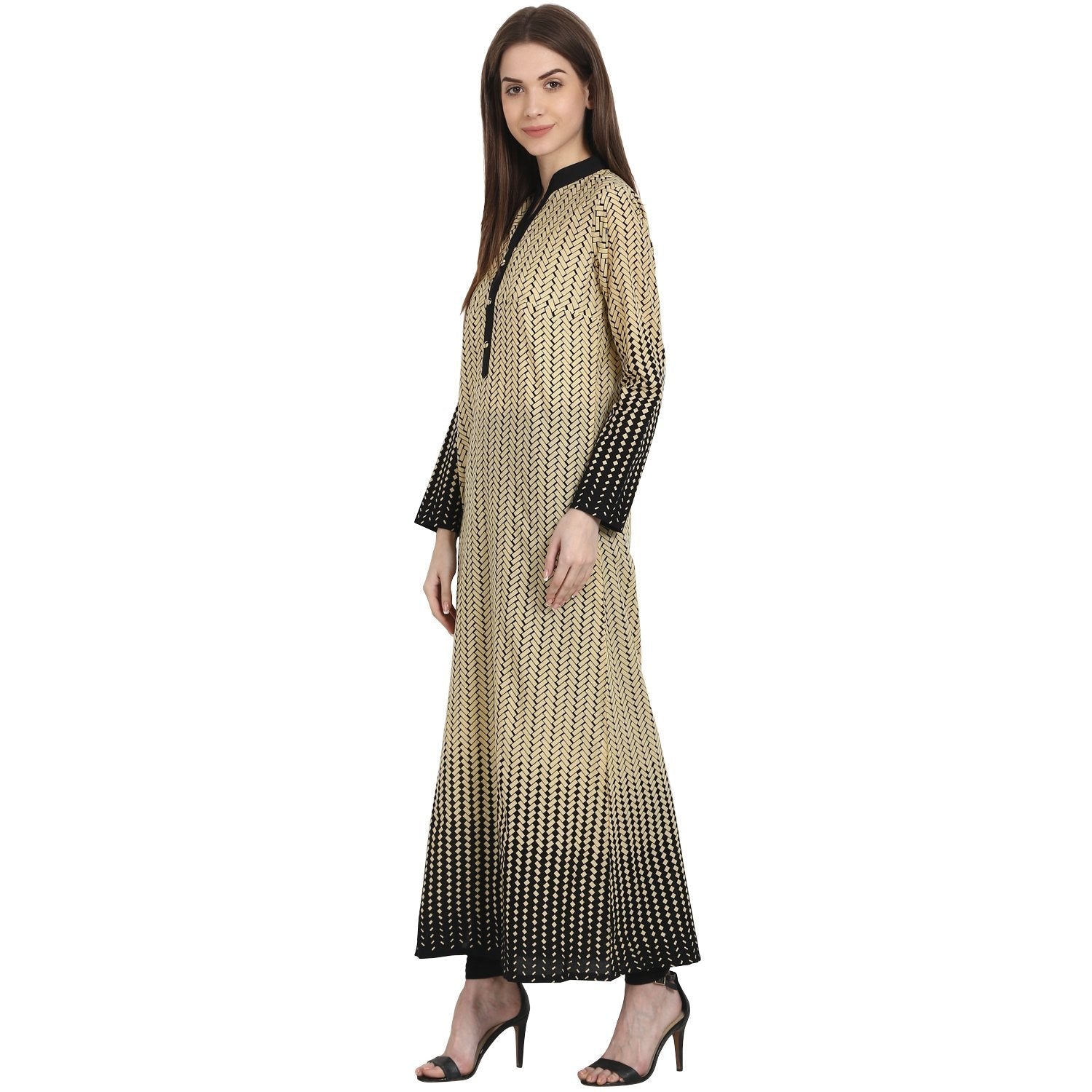 Beige & Black Printed Full Sleeve Ankle Length Cotton Kurta | LASVINI - Redefining Indian Fashion with Elegance