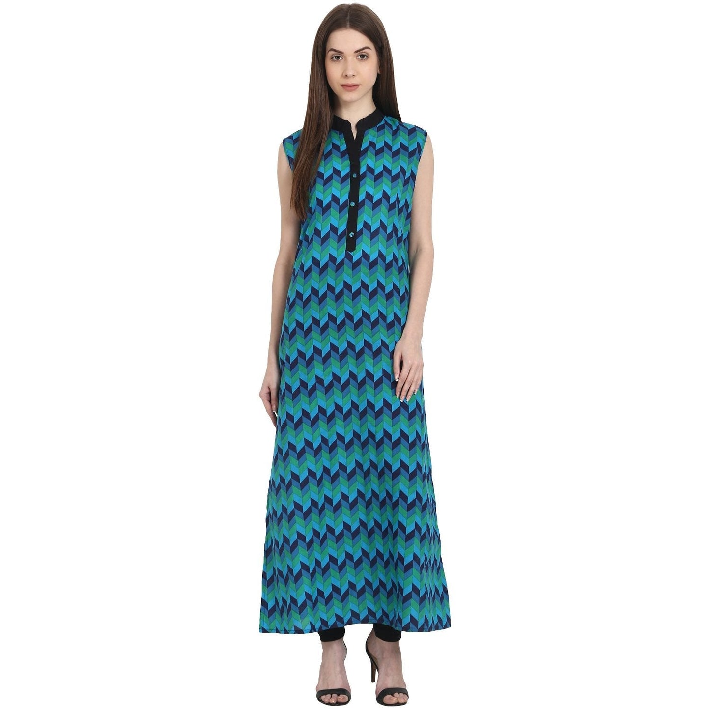 Blue Printed Sleevless Ankle Length Kurta | LASVINI - Redefining Indian Fashion with Elegance