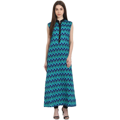 Blue Printed Sleevless Ankle Length Kurta | LASVINI - Redefining Indian Fashion with Elegance