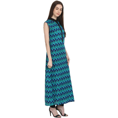 Blue Printed Sleevless Ankle Length Kurta | LASVINI - Redefining Indian Fashion with Elegance