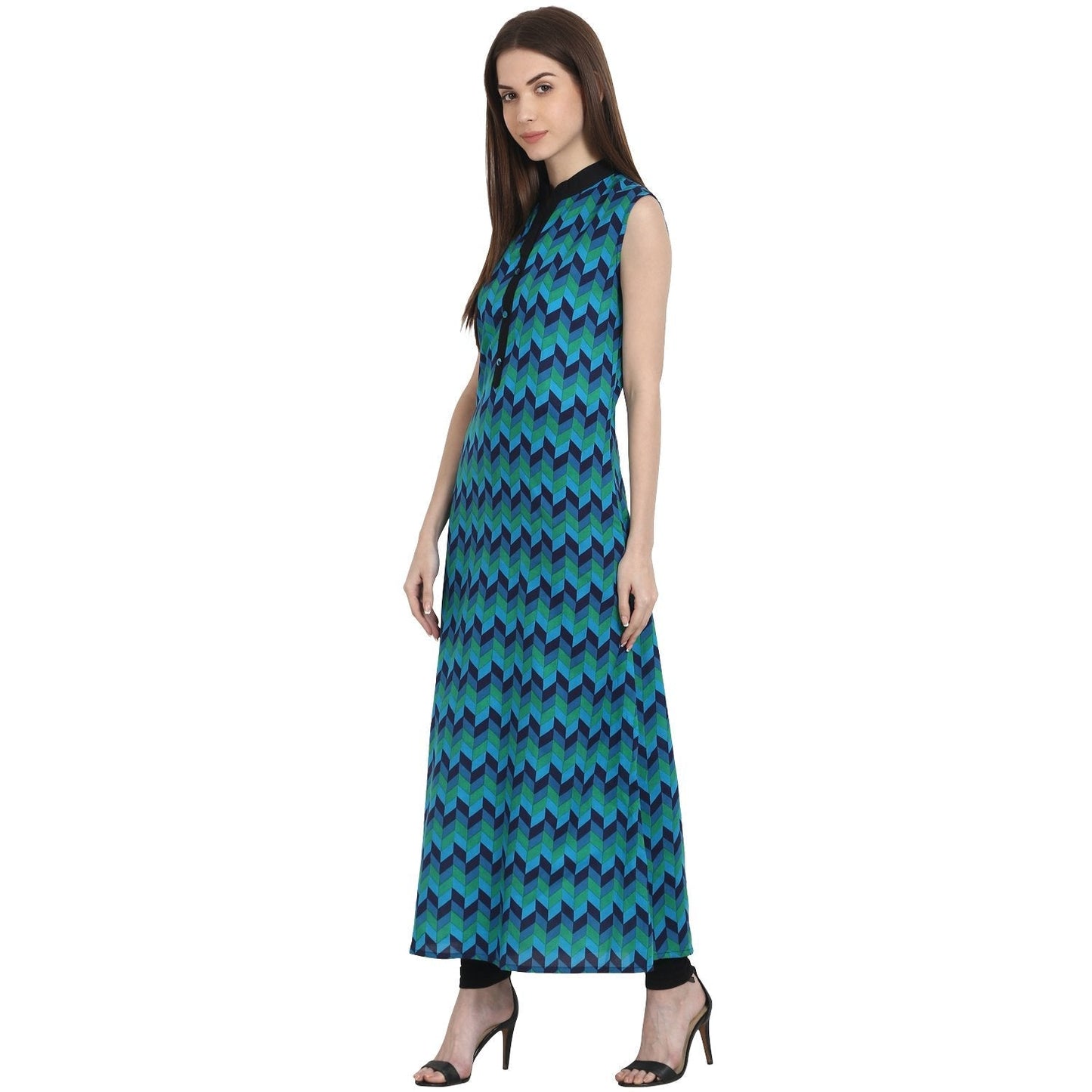 Blue Printed Sleevless Ankle Length Kurta | LASVINI - Redefining Indian Fashion with Elegance