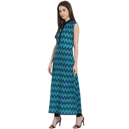 Blue Printed Sleevless Ankle Length Kurta | LASVINI - Redefining Indian Fashion with Elegance