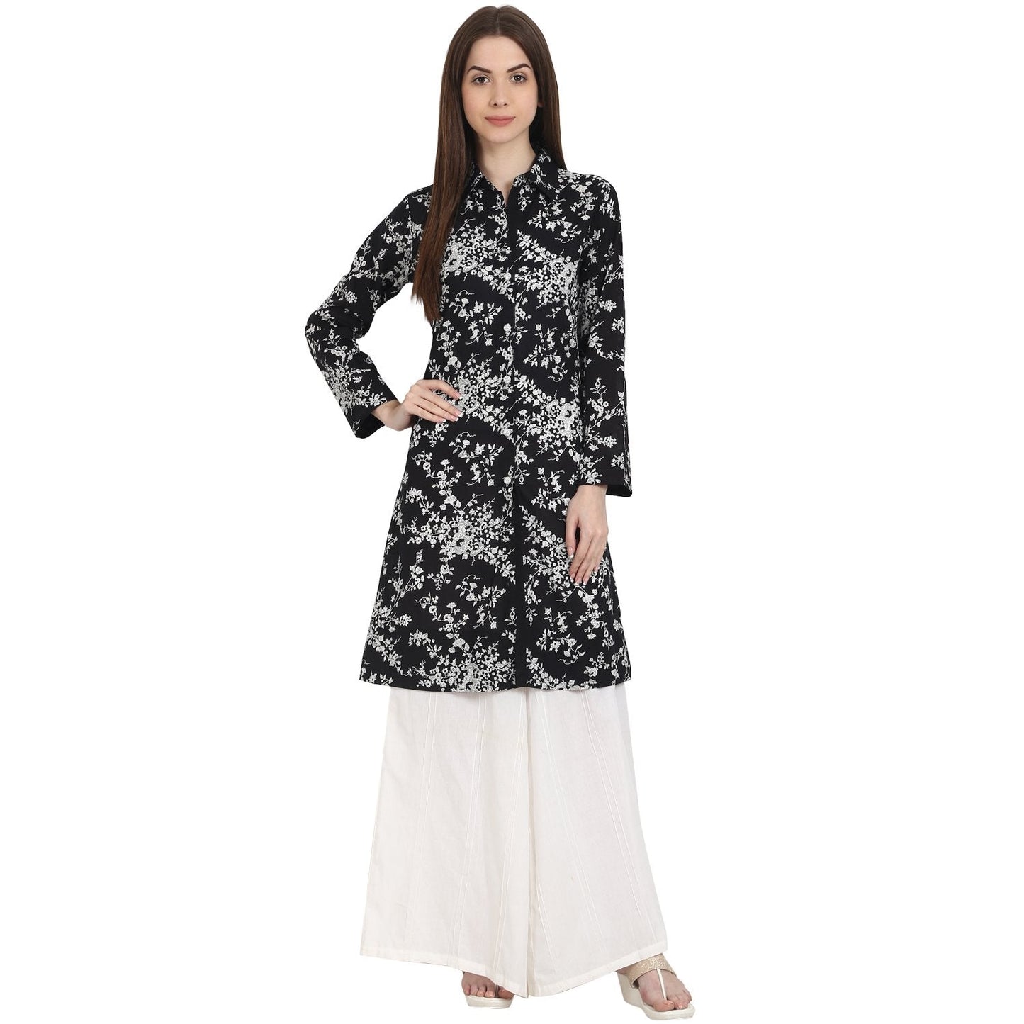 Black Printed Full Sleeve Front Open Cotton Tunics | LASVINI - Redefining Indian Fashion with Elegance