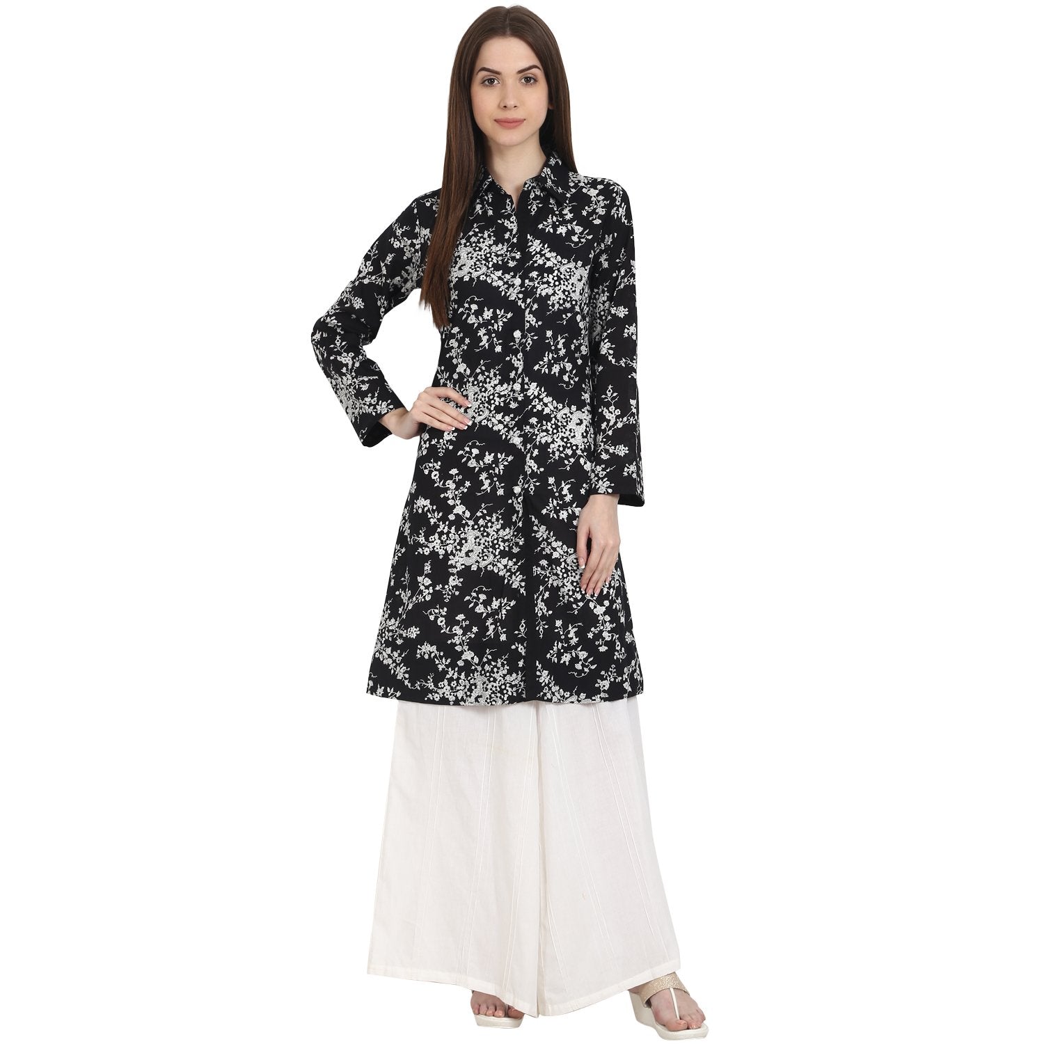 Black Printed Full Sleeve Front Open Cotton Tunics | LASVINI - Redefining Indian Fashion with Elegance