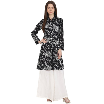 Black Printed Full Sleeve Front Open Cotton Tunics | LASVINI - Redefining Indian Fashion with Elegance