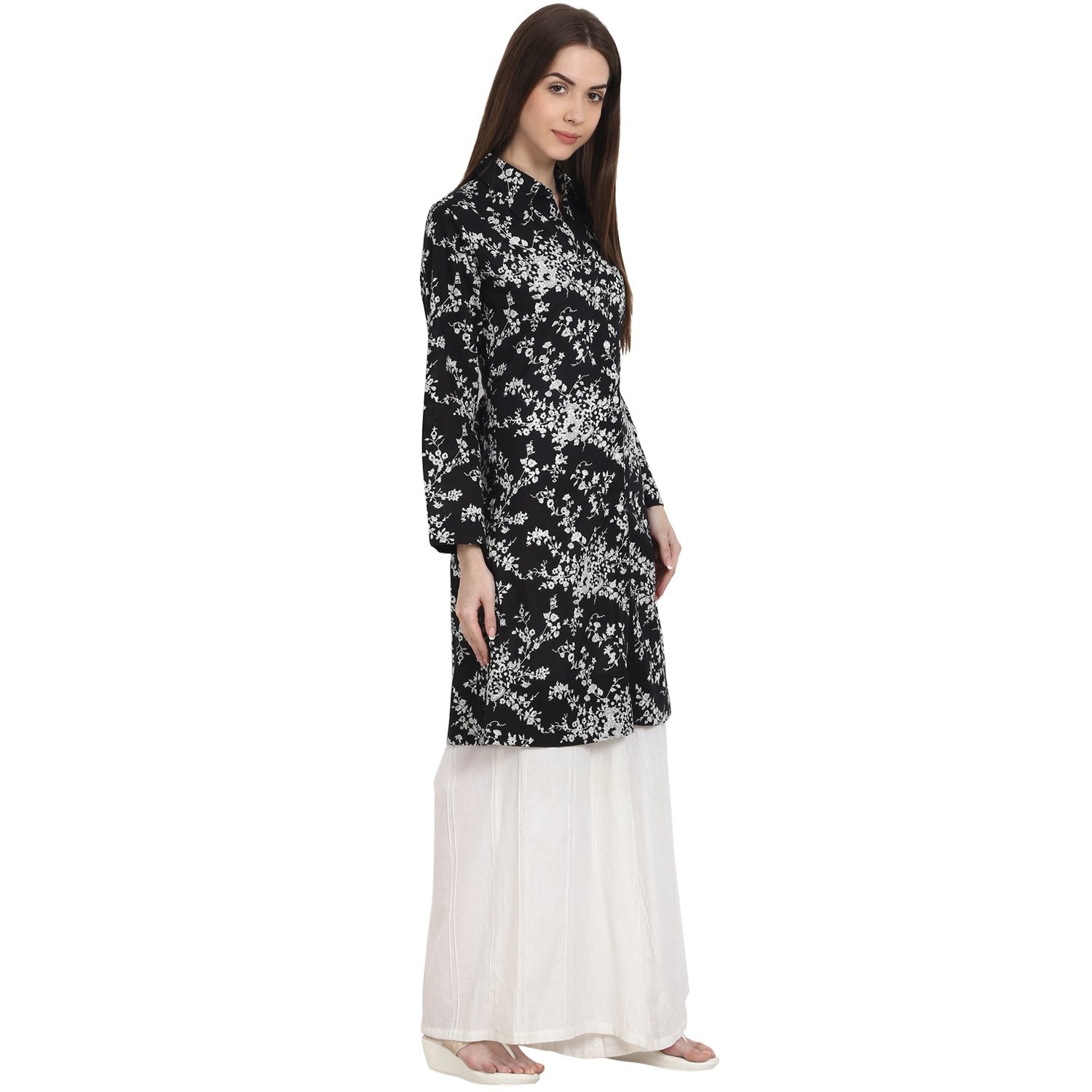 Black Printed Full Sleeve Front Open Cotton Tunics | LASVINI - Redefining Indian Fashion with Elegance