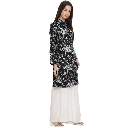 Black Printed Full Sleeve Front Open Cotton Tunics | LASVINI - Redefining Indian Fashion with Elegance