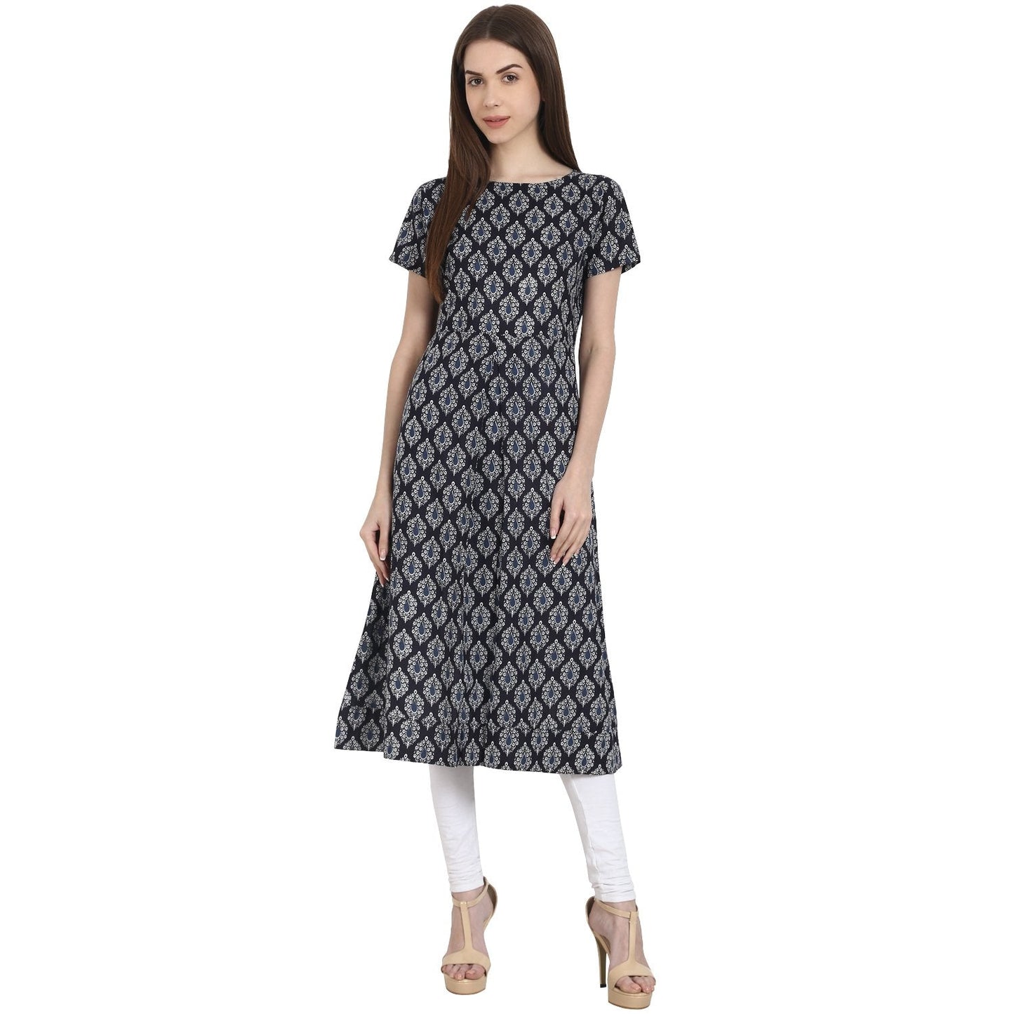 Blue Butta Printed Cap Sleeve Rayon Kurta | LASVINI - Redefining Indian Fashion with Elegance