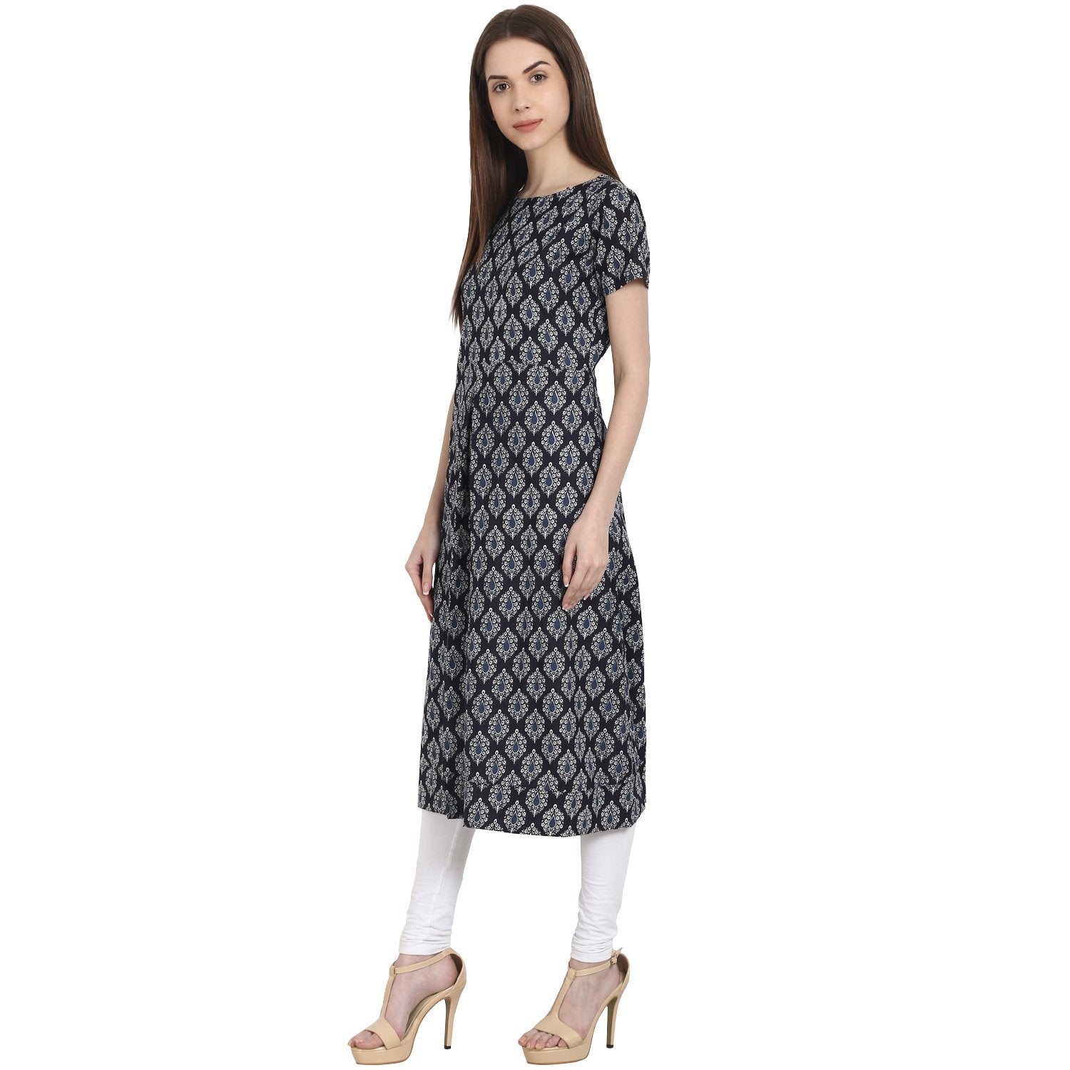 Blue Butta Printed Cap Sleeve Rayon Kurta | LASVINI - Redefining Indian Fashion with Elegance