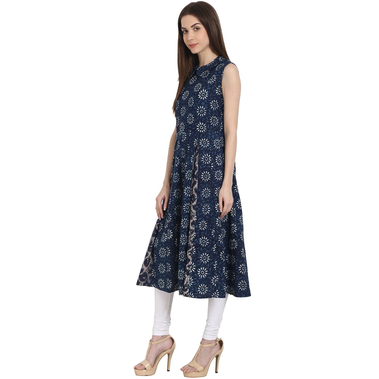 Blue Printed Sleevless A-Line Kurta | LASVINI - Redefining Indian Fashion with Elegance